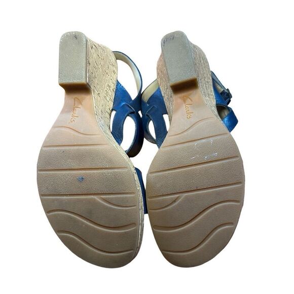 CLARKS Womens Size 10 Blue Cork Wedge Platform Leather Sandals Shoes Comfortable - Picture 6 of 13